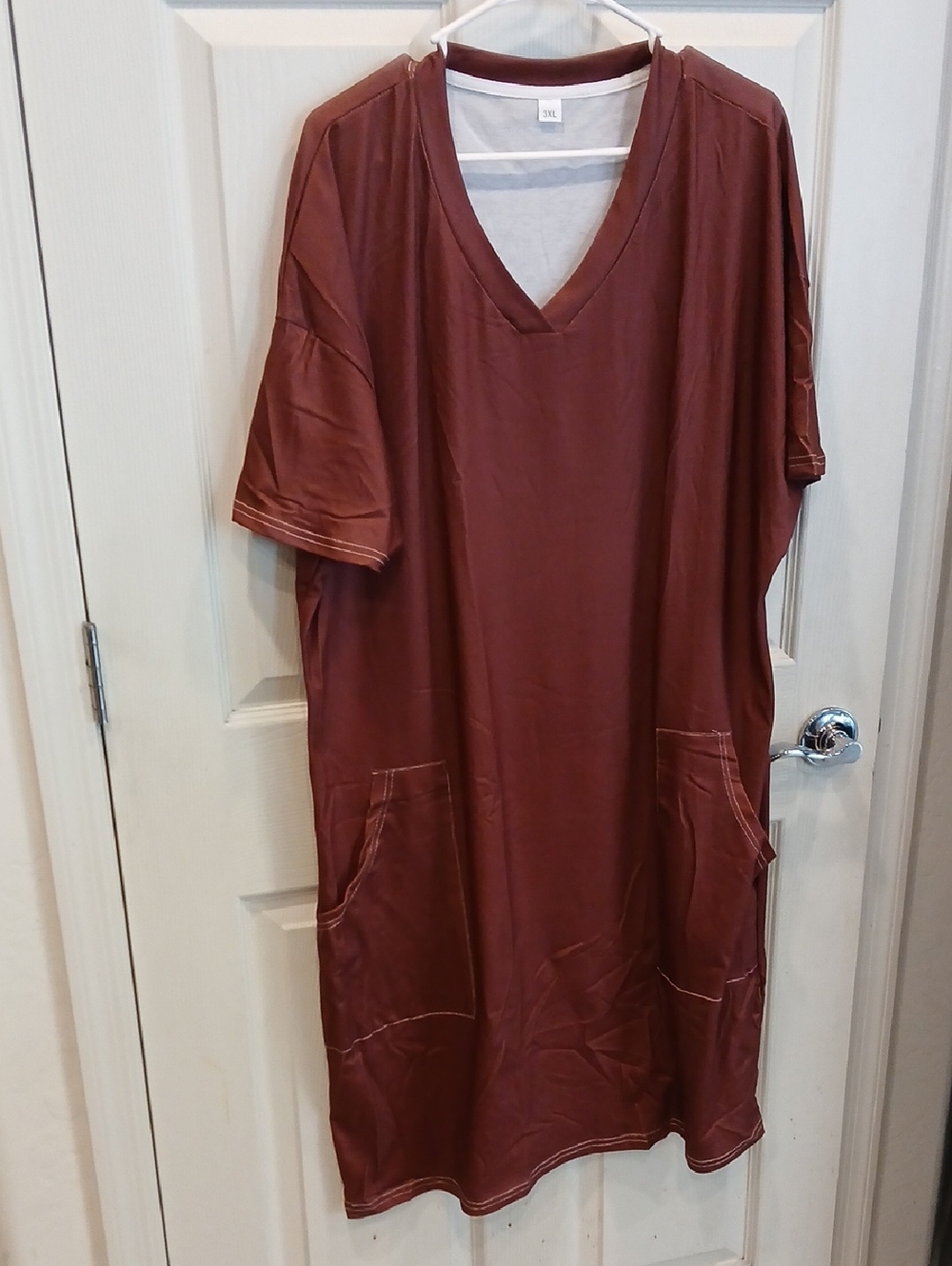 Oversized V-Neck Pocket Dress in Deep Rust